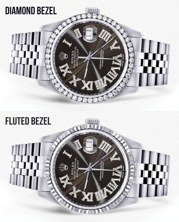 Diamond Mens Rolex Datejust Watch 16200 | 36Mm | Custom Dark Brown Roman Numeral Dial | Jubilee Band
