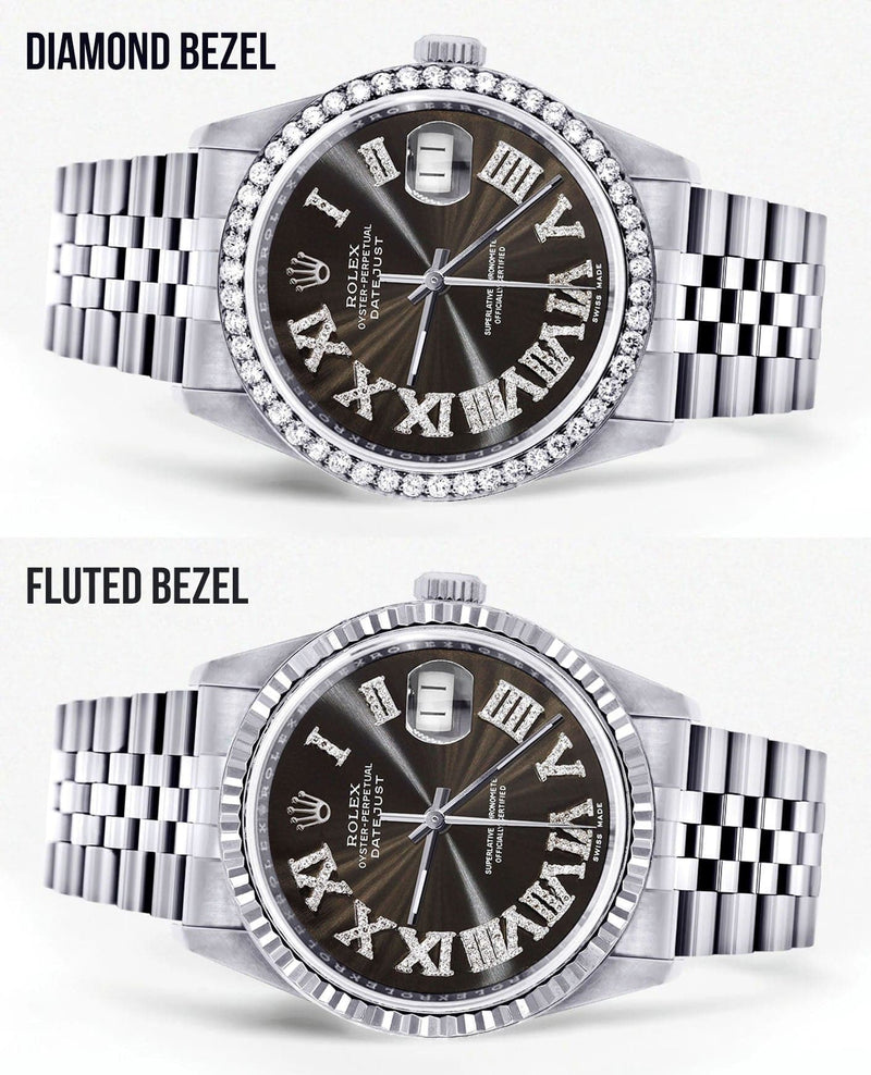Diamond Mens Rolex Datejust Watch 16200 | 36Mm | Custom Dark Brown Roman Numeral Dial | Jubilee Band