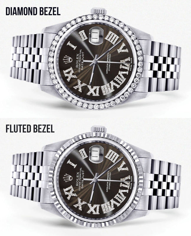 Diamond Mens Rolex Datejust Watch 16200 | 36Mm | Custom Dark Brown Roman Numeral Dial | Jubilee Band