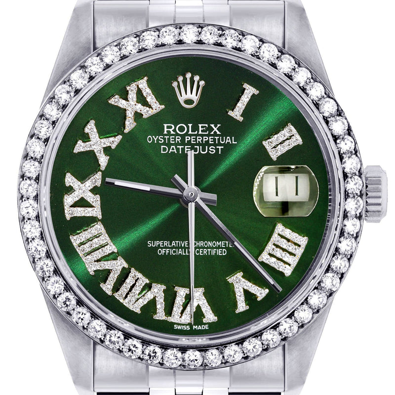 Diamond Mens  Rolex Datejust Watch 16200 | 36Mm | Custom Green Roman Numeral Dial | Jubilee Band