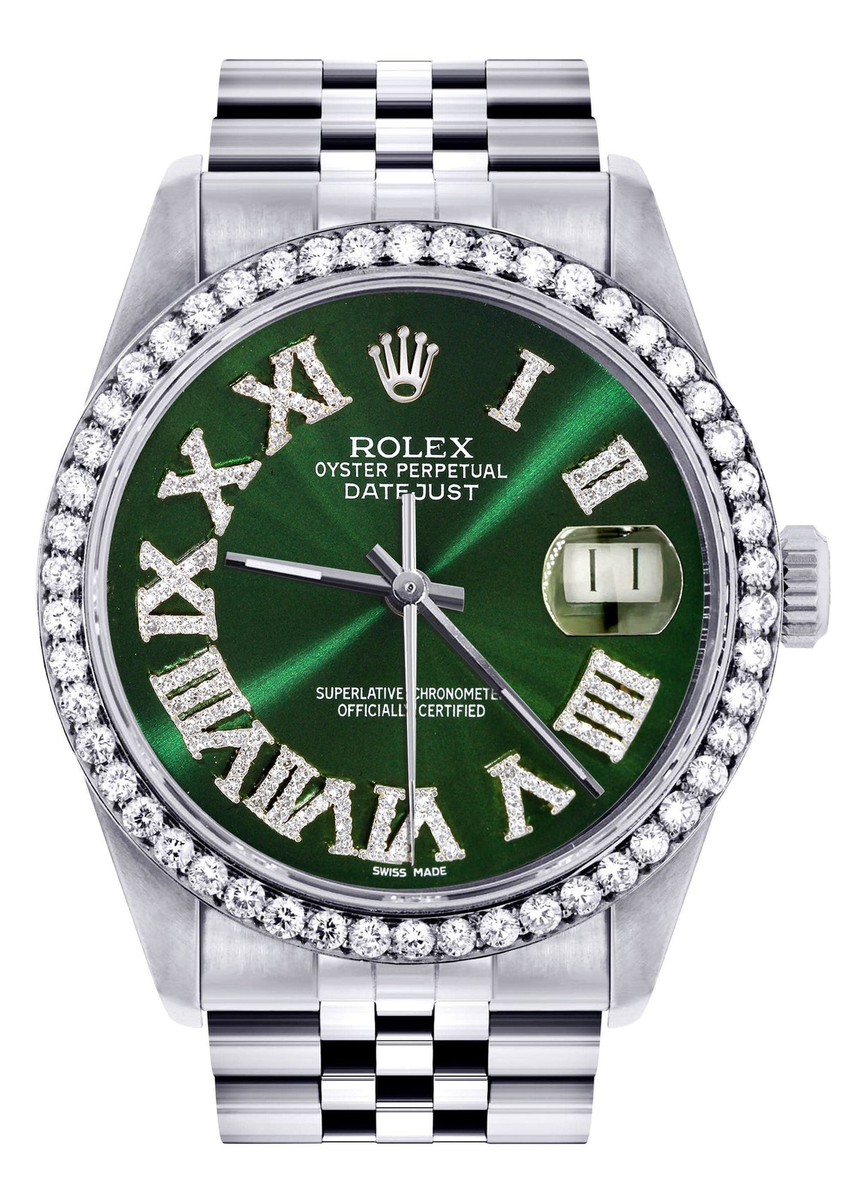 Diamond Mens  Rolex Datejust Watch 16200 | 36Mm | Custom Green Roman Numeral Dial | Jubilee Band