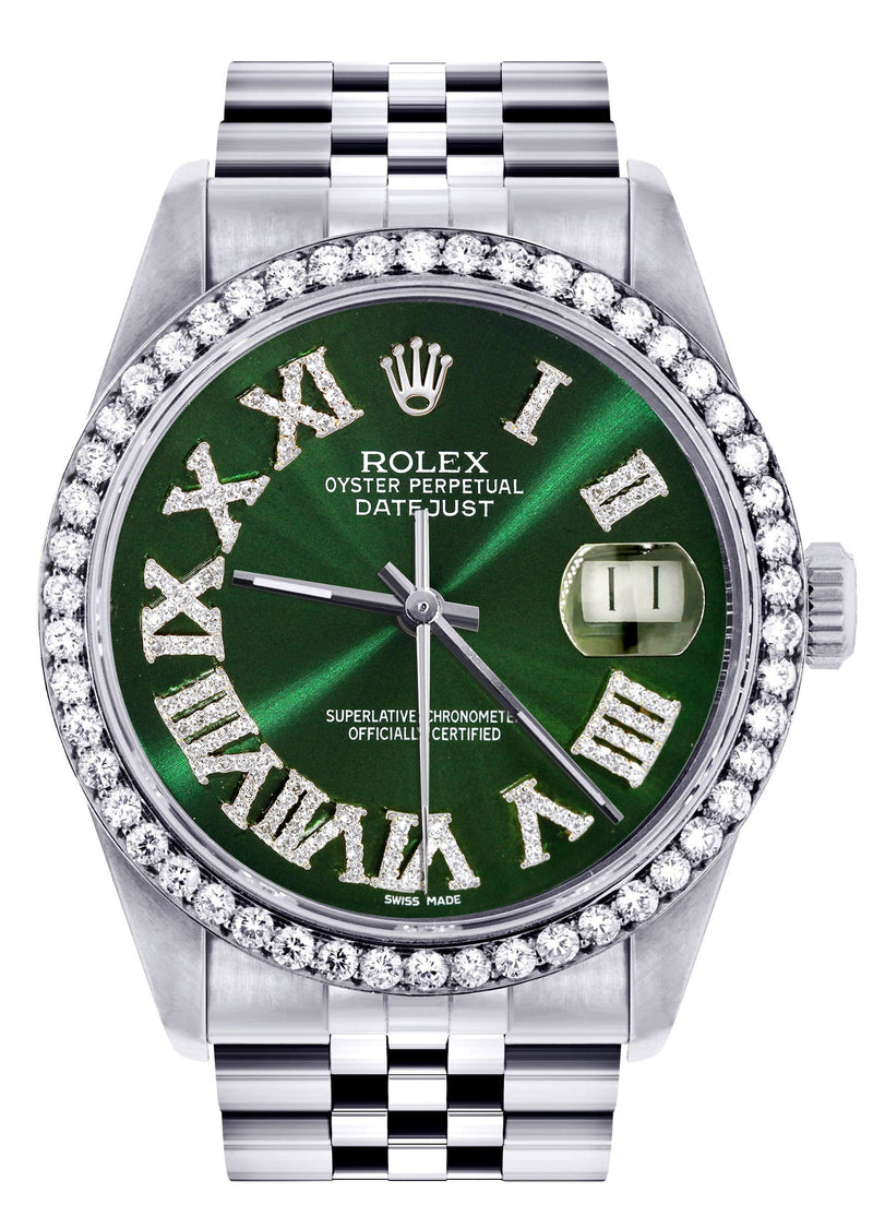 Diamond Mens  Rolex Datejust Watch 16200 | 36Mm | Custom Green Roman Numeral Dial | Jubilee Band