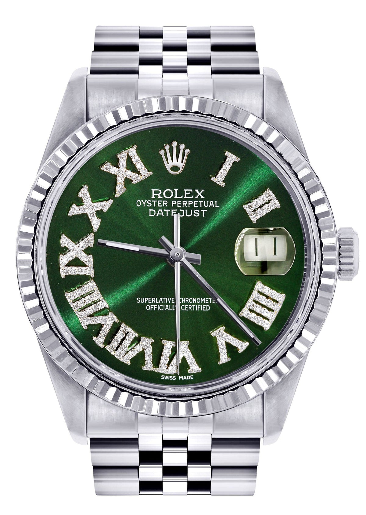 Mens Rolex Datejust Watch 16200 | Fluted Bezel | 36Mm | Green Roman Numeral Dial | Jubilee Band