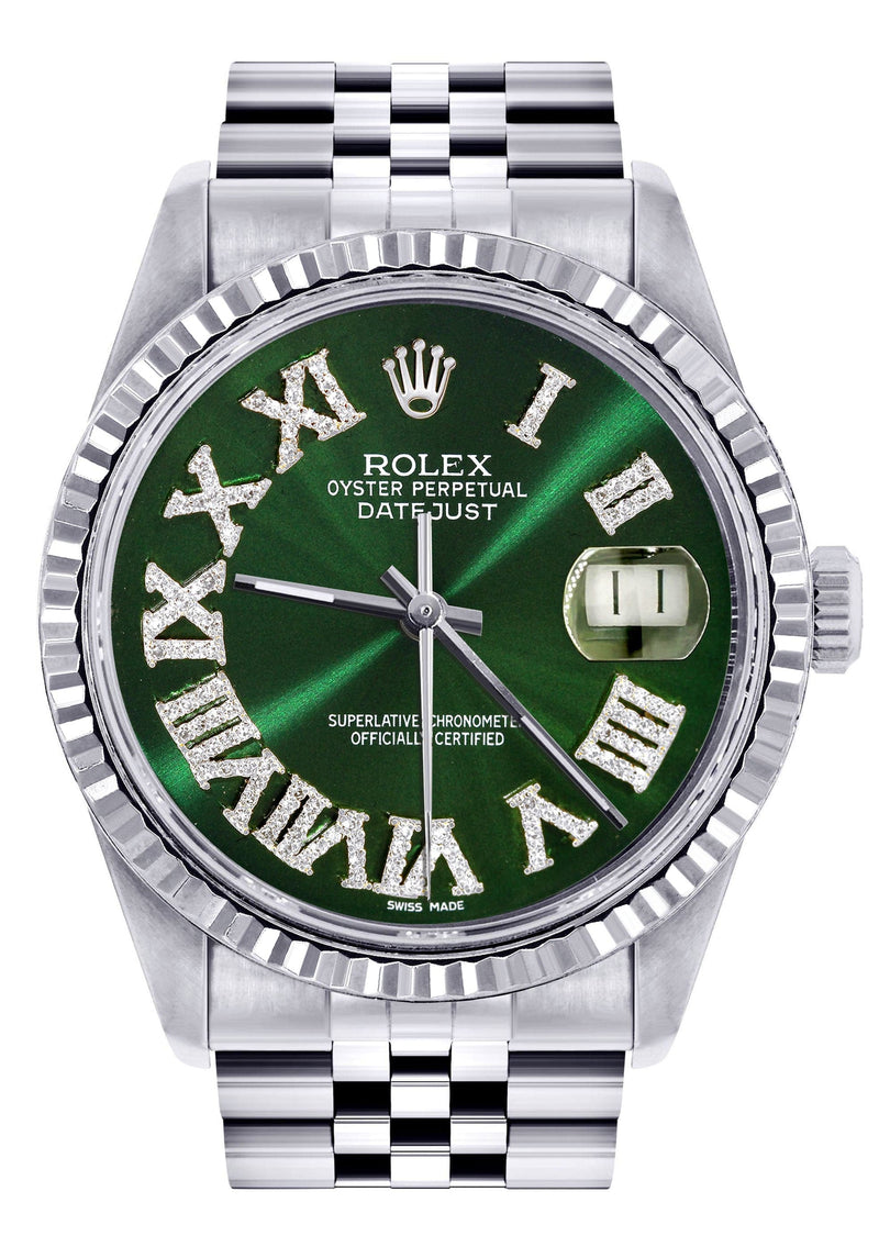 Mens Rolex Datejust Watch 16200 | Fluted Bezel | 36Mm | Green Roman Numeral Dial | Jubilee Band