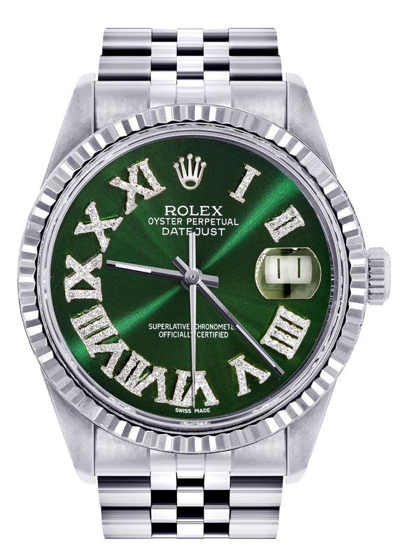 Mens Rolex Datejust Watch 16200 | Fluted Bezel | 36Mm | Green Roman Numeral Dial | Jubilee Band