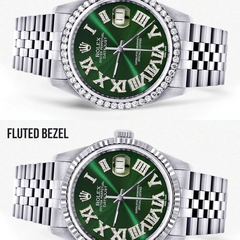 Diamond Mens  Rolex Datejust Watch 16200 | 36Mm | Custom Green Roman Numeral Dial | Jubilee Band