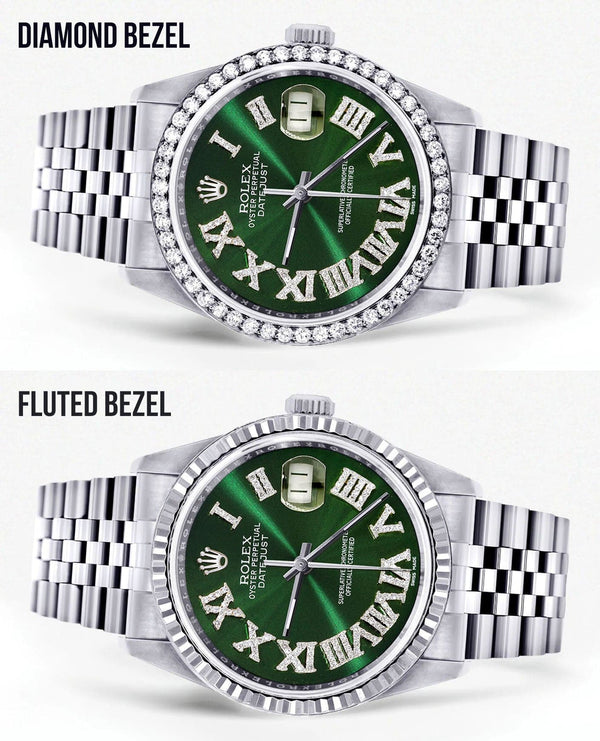 Diamond Mens  Rolex Datejust Watch 16200 | 36Mm | Custom Green Roman Numeral Dial | Jubilee Band