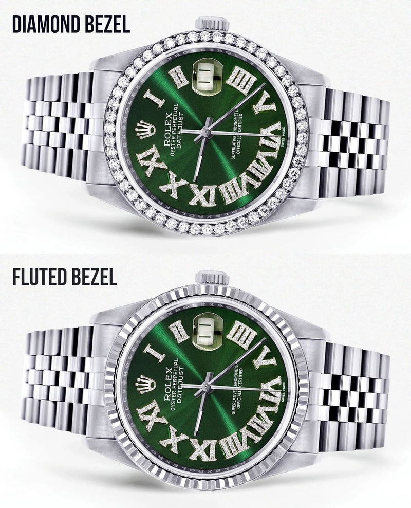 Diamond Mens  Rolex Datejust Watch 16200 | 36Mm | Custom Green Roman Numeral Dial | Jubilee Band