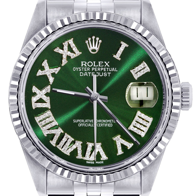 Womens Rolex Datejust Watch 16200 | Fluted Bezel | 36Mm | Green Roman Numeral Dial | Fluted Bezel | Jubilee Band