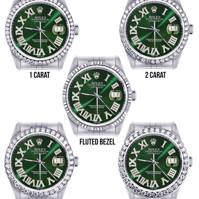 Diamond Mens  Rolex Datejust Watch 16200 | 36Mm | Custom Green Roman Numeral Dial | Jubilee Band