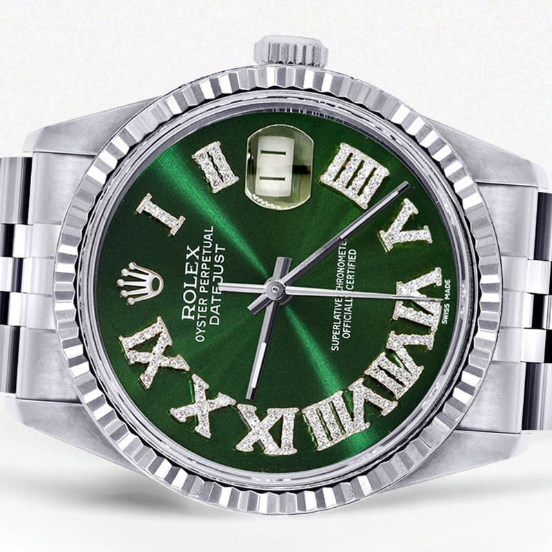 Mens Rolex Datejust Watch 16200 | Fluted Bezel | 36Mm | Green Roman Numeral Dial | Jubilee Band