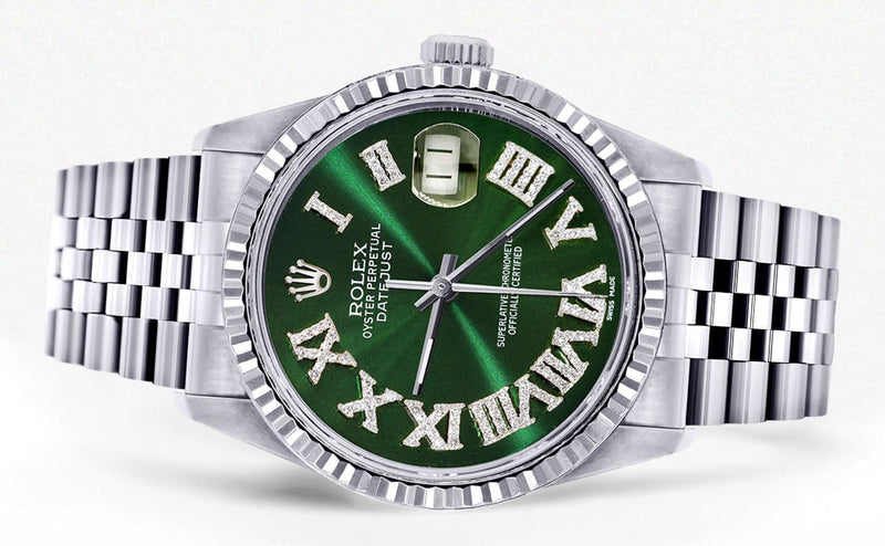 Mens Rolex Datejust Watch 16200 | Fluted Bezel | 36Mm | Green Roman Numeral Dial | Jubilee Band
