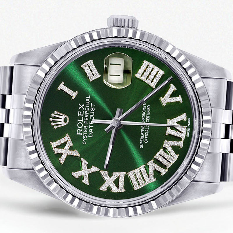 Womens Rolex Datejust Watch 16200 | Fluted Bezel | 36Mm | Green Roman Numeral Dial | Fluted Bezel | Jubilee Band
