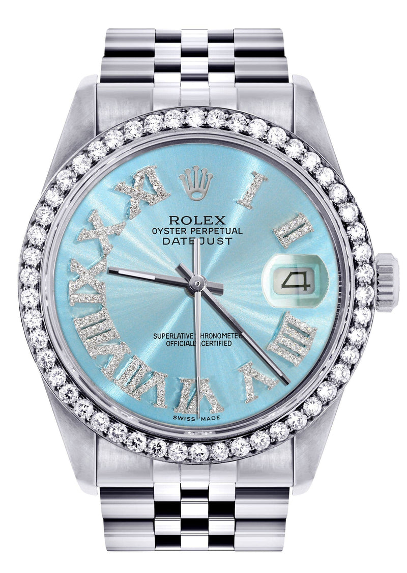 Diamond Mens Rolex Datejust Watch 16200 | 36Mm | Light Blue Roman Numeral Dial | Jubilee Band