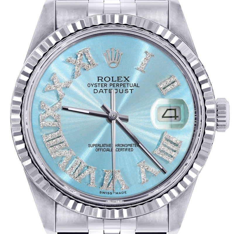 Womens Rolex Datejust Watch 16200 | Fluted Bezel | 36Mm | Aqua Roman Numeral Dial | Fluted Bezel | Jubilee Band