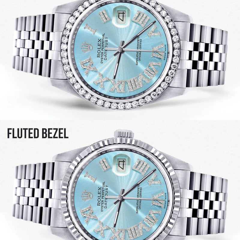 Diamond Mens Rolex Datejust Watch 16200 | 36Mm | Light Blue Roman Numeral Dial | Jubilee Band