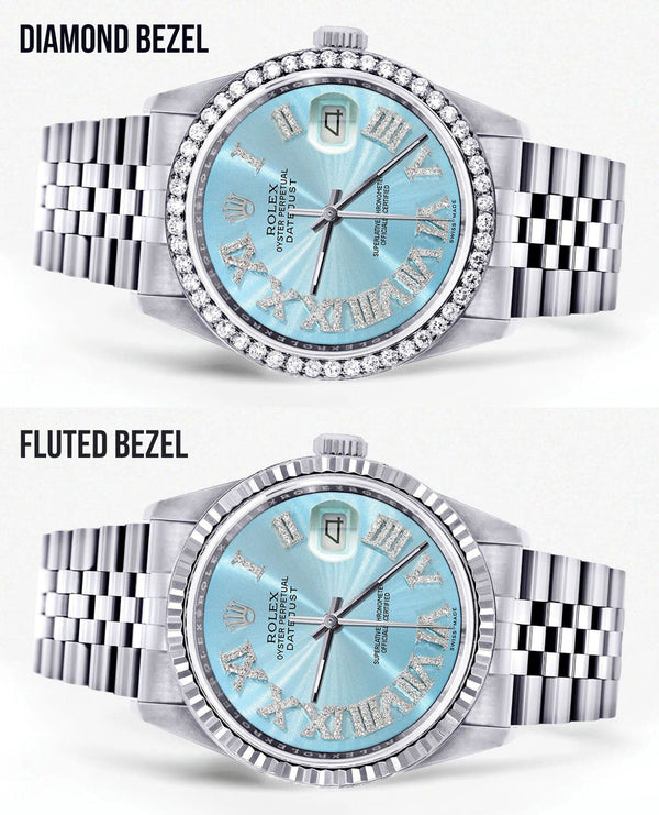 Diamond Mens Rolex Datejust Watch 16200 | 36Mm | Light Blue Roman Numeral Dial | Jubilee Band