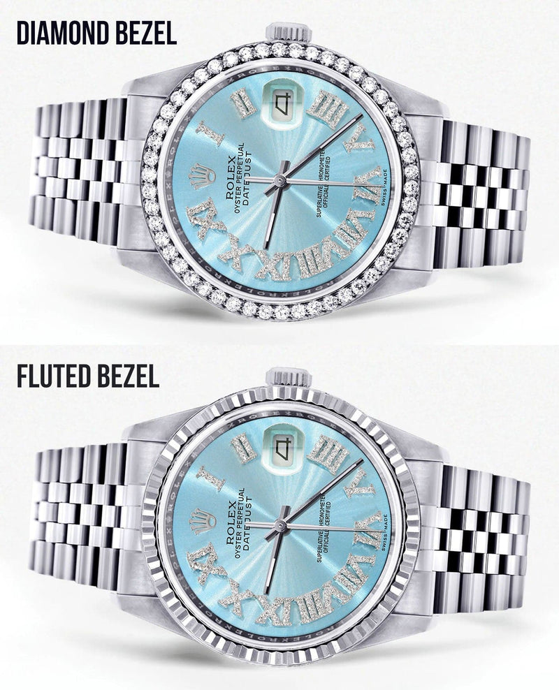 Diamond Mens Rolex Datejust Watch 16200 | 36Mm | Light Blue Roman Numeral Dial | Jubilee Band