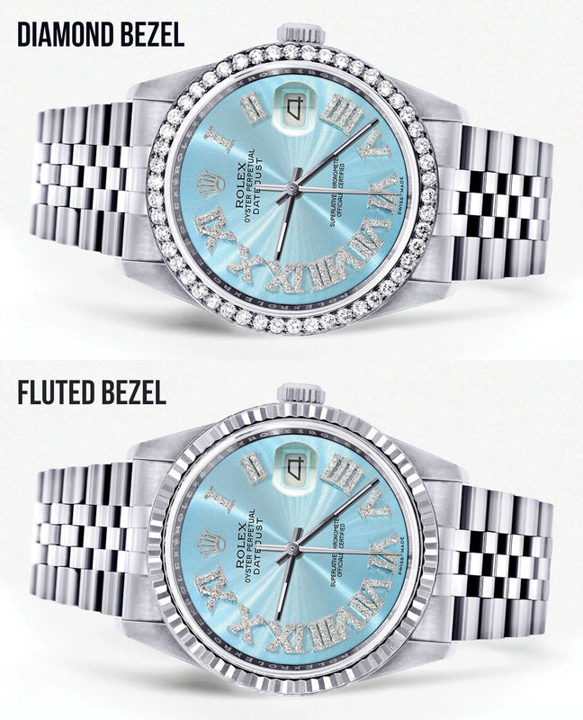 Diamond Mens Rolex Datejust Watch 16200 | 36Mm | Light Blue Roman Numeral Dial | Jubilee Band