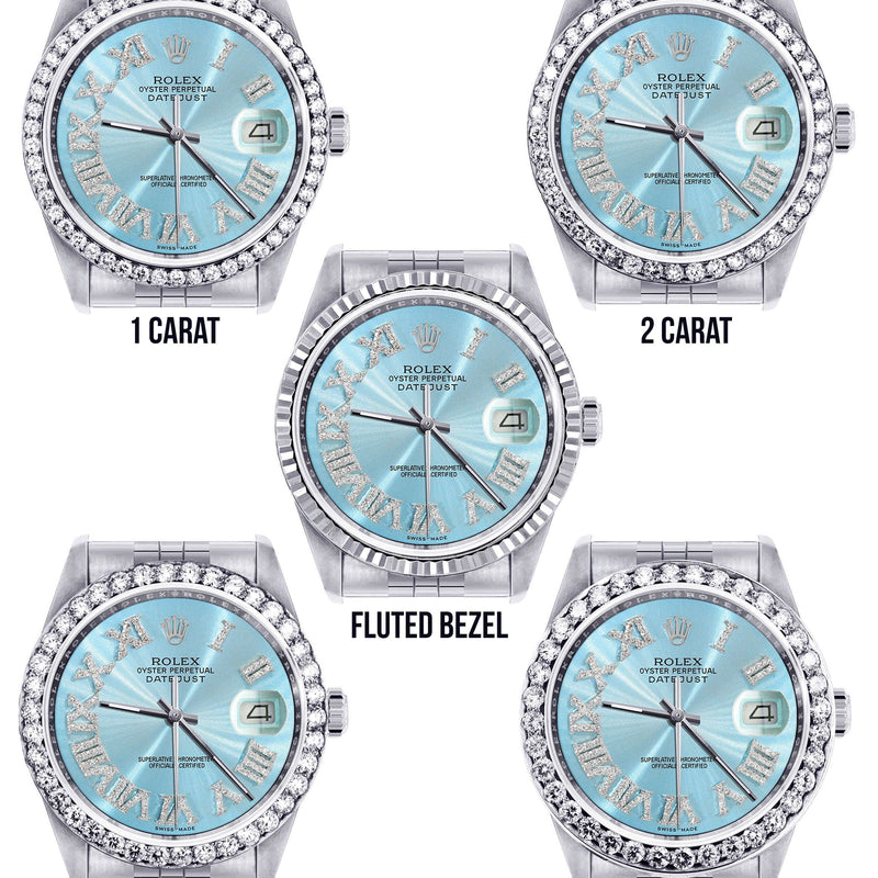Diamond Mens Rolex Datejust Watch 16200 | 36Mm | Light Blue Roman Numeral Dial | Jubilee Band