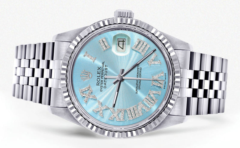 Womens Rolex Datejust Watch 16200 | Fluted Bezel | 36Mm | Aqua Roman Numeral Dial | Fluted Bezel | Jubilee Band