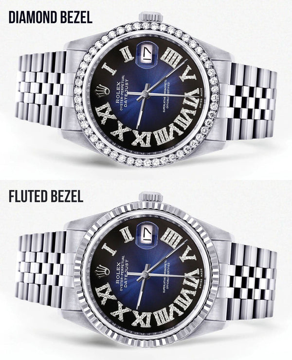 Diamond Mens Rolex Datejust Watch 16200 | 36Mm | Blue Black Roman Numeral Dial | Jubilee Band