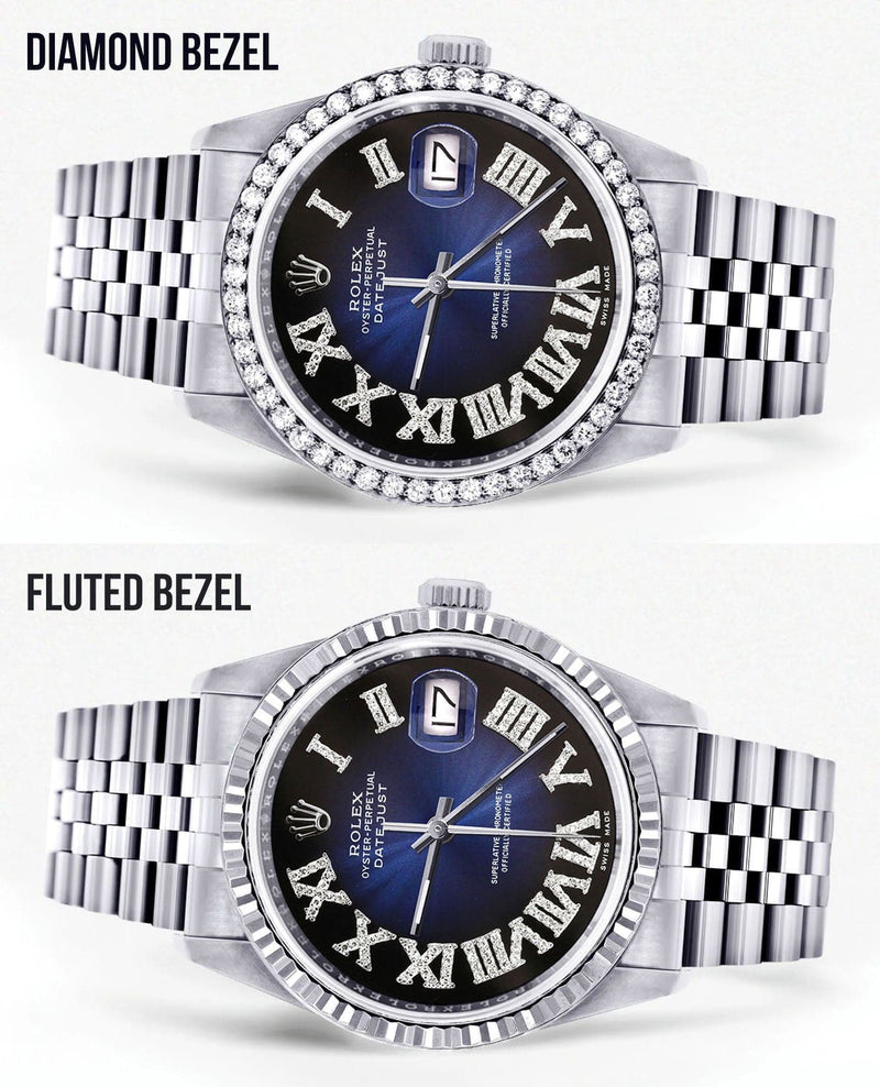 Diamond Mens Rolex Datejust Watch 16200 | 36Mm | Blue Black Roman Numeral Dial | Jubilee Band