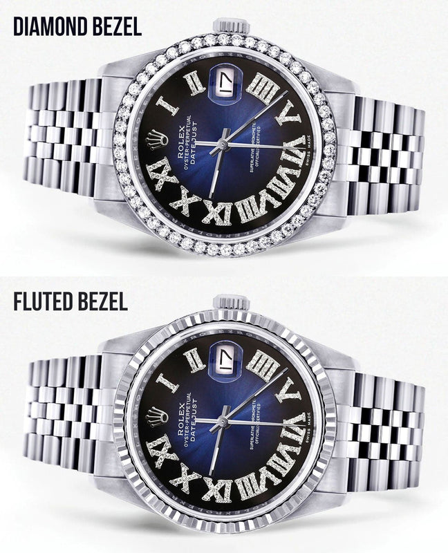 Diamond Mens Rolex Datejust Watch 16200 | 36Mm | Blue Black Roman Numeral Dial | Jubilee Band