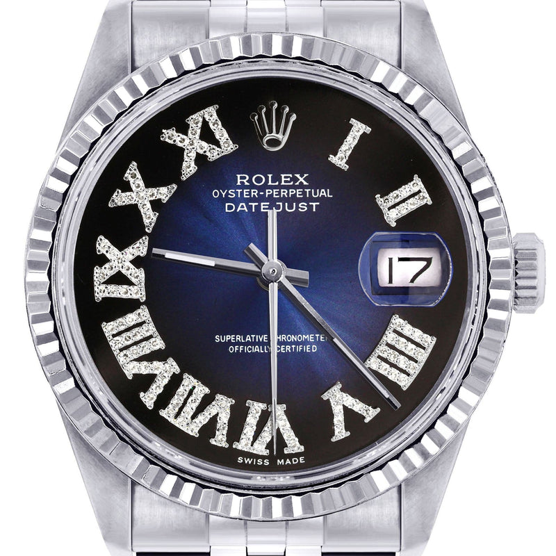 Mens Rolex Datejust Watch 16200 | Fluted Bezel | 36Mm | Blue Black Roman Numeral Dial | Jubilee Band
