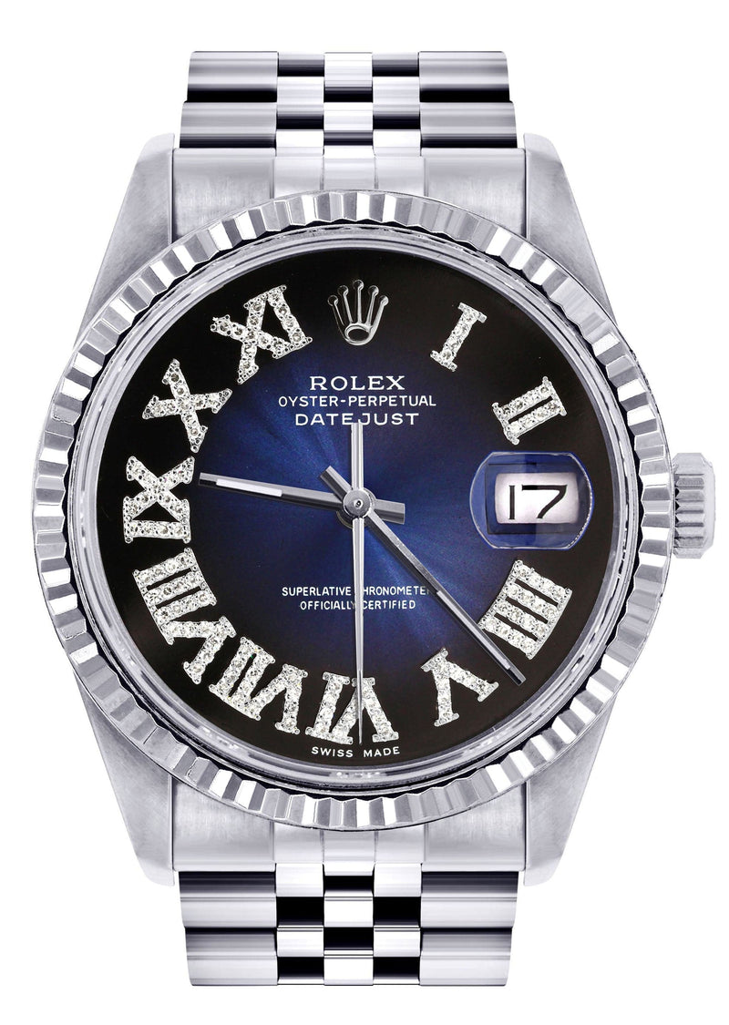 Mens Rolex Datejust Watch 16200 | Fluted Bezel | 36Mm | Blue Black Roman Numeral Dial | Jubilee Band