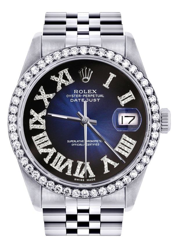 Diamond Mens Rolex Datejust Watch 16200 | 36Mm | Blue Black Roman Numeral Dial | Jubilee Band