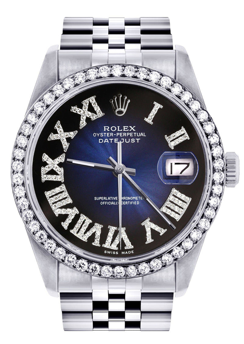 Diamond Mens Rolex Datejust Watch 16200 | 36Mm | Blue Black Roman Numeral Dial | Jubilee Band