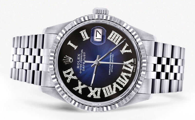 Womens Rolex Datejust Watch 16200 | Fluted Bezel | 36Mm | Blue Black Roman Numeral Dial | Fluted Bezel | Jubilee Band