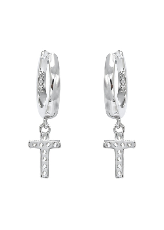 Silver CZ Hoop Cross Earring | Appx. 2 Grams