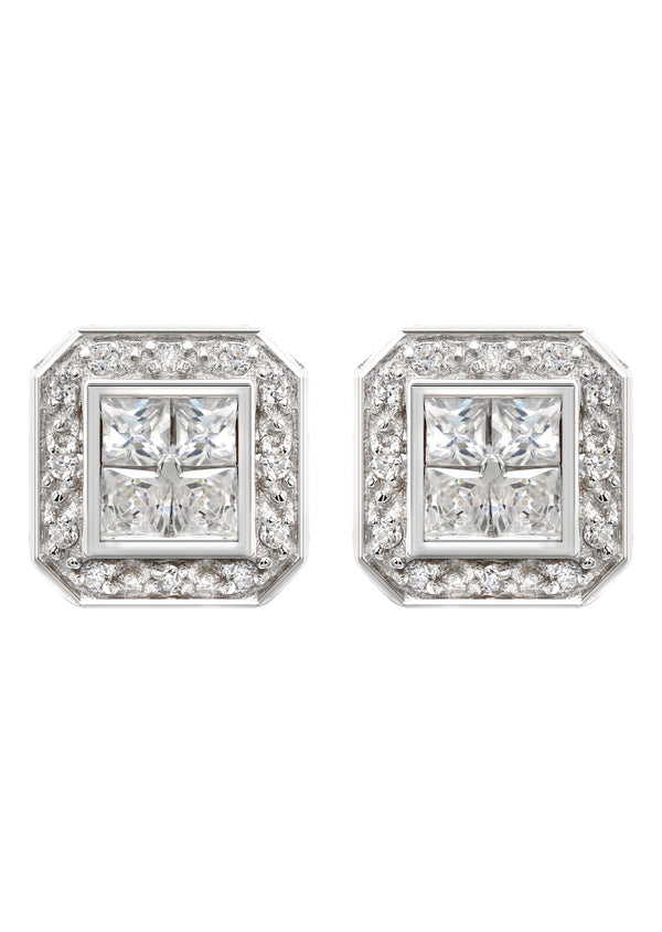 Silver Square Halo Clear CZ Stud Earrings | Appx. 5 Grams