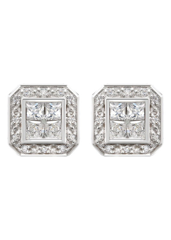 Silver Square Halo Clear CZ Stud Earrings | Appx. 5 Grams