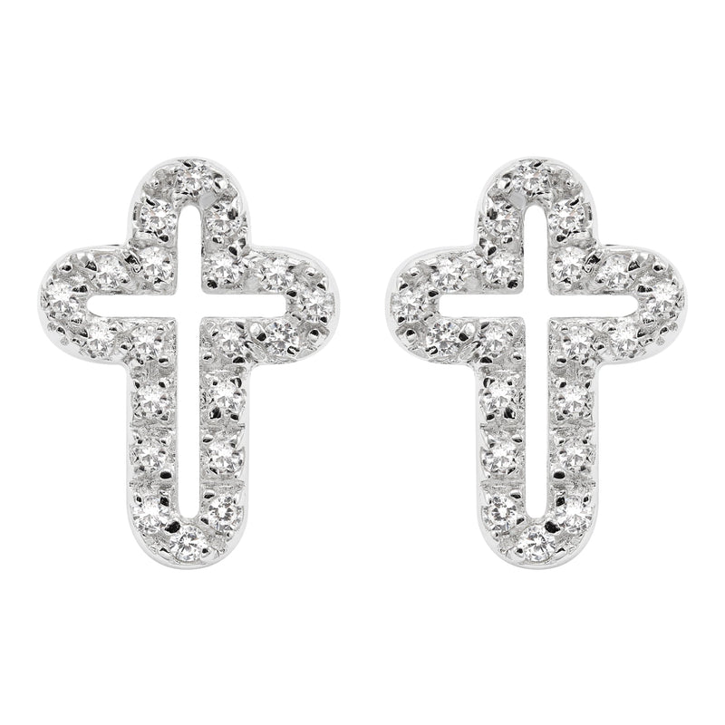 Silver Open Cross Plated Clear CZ Stud Earrings | Appx. 2 Grams