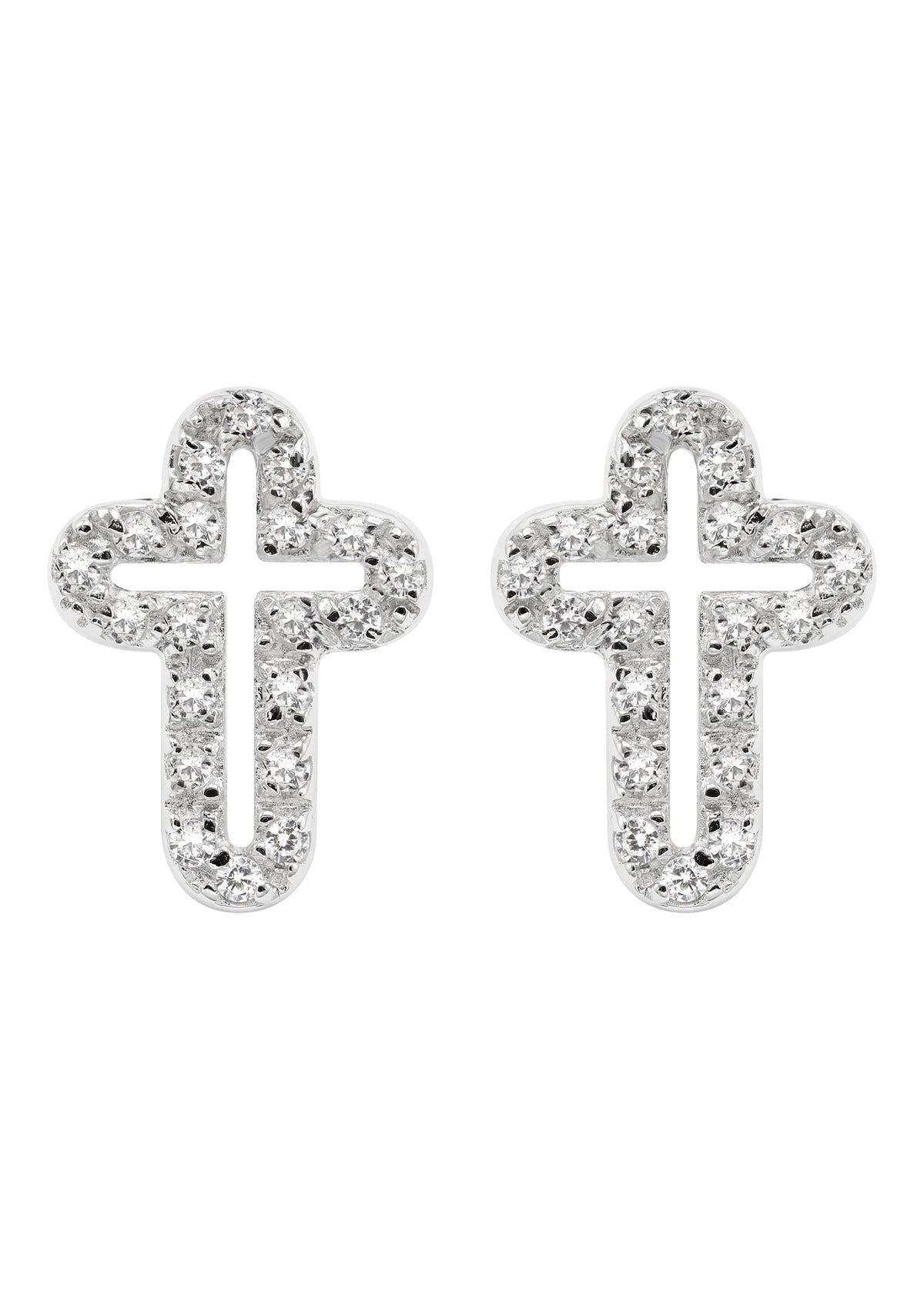 Silver Open Cross Plated Clear CZ Stud Earrings | Appx. 2 Grams