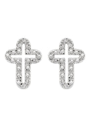 Silver Open Cross Plated Clear CZ Stud Earrings | Appx. 2 Grams