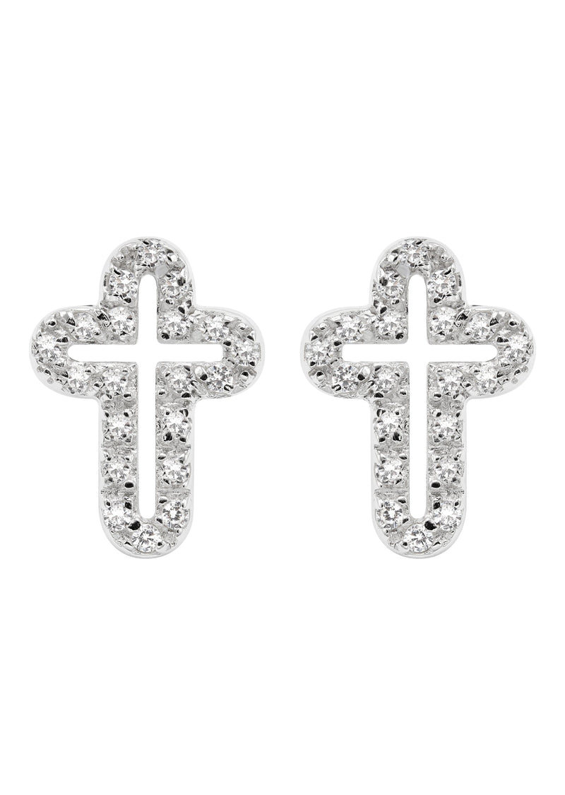 Silver Open Cross Plated Clear CZ Stud Earrings | Appx. 2 Grams