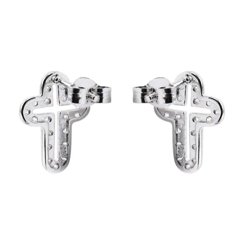 Silver Open Cross Plated Clear CZ Stud Earrings | Appx. 2 Grams