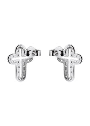 Silver Open Cross Plated Clear CZ Stud Earrings | Appx. 2 Grams
