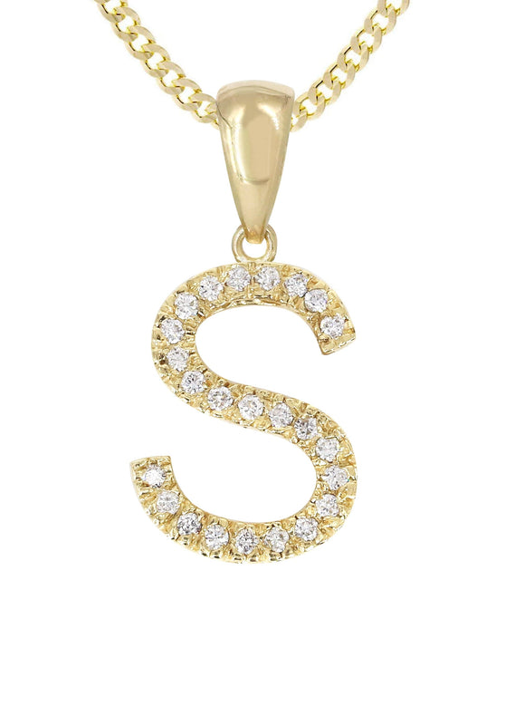14K Gold Diamond  Initial Pendant and Cuban Chain .75 Carats