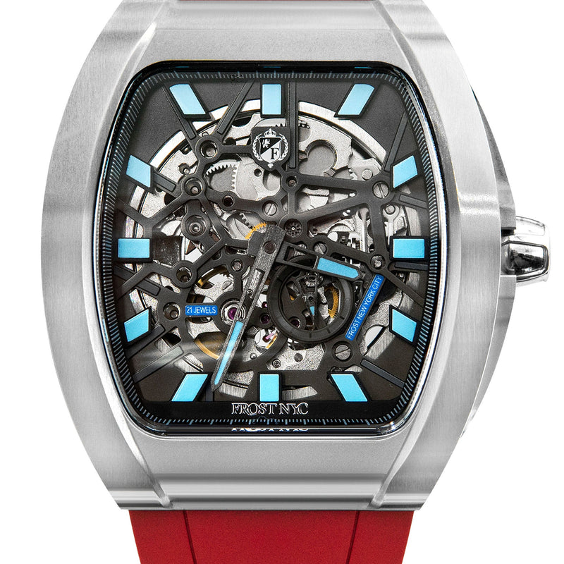 Frost NYC Mens Watch - Automatic Skeleton Stainless Steel Sport Watch | FRST-01-SS | Red