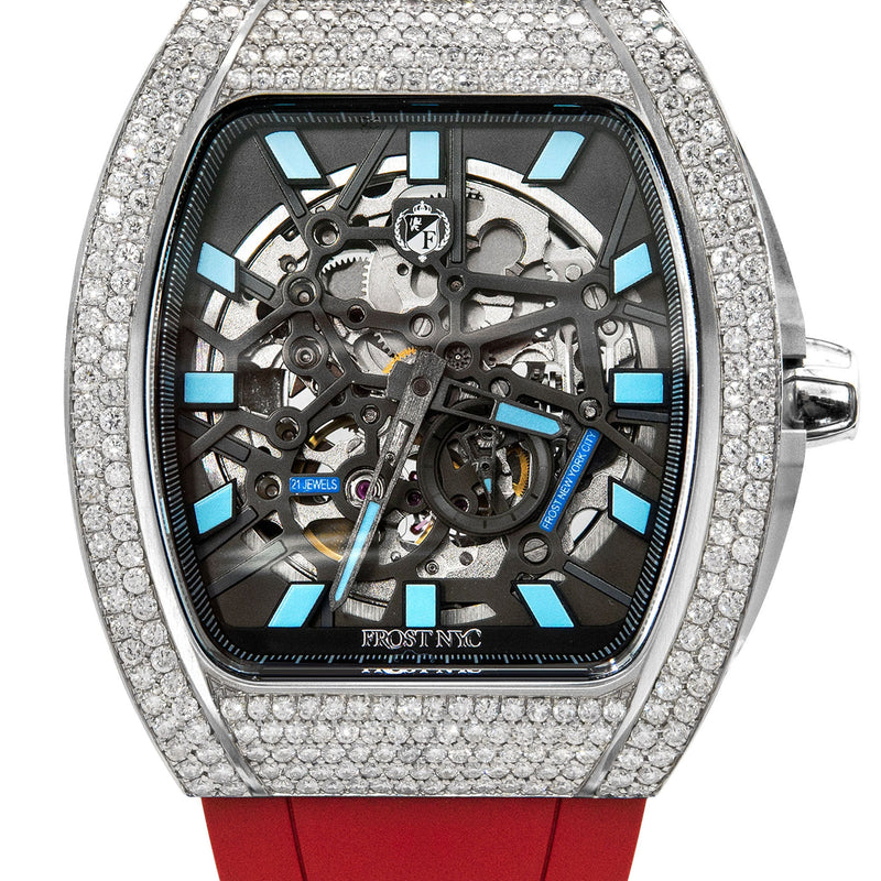 Frost NYC Mens Watch - Automatic Skeleton Stainless Steel Diamond Sport Watch | FRST-01-SS-D | Red