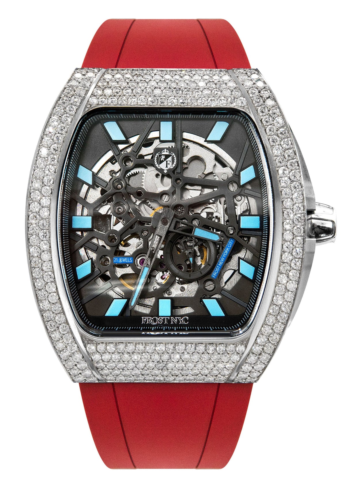 Frost NYC Mens Watch - Automatic Skeleton Stainless Steel Diamond Sport Watch | FRST-01-SS-D | Red
