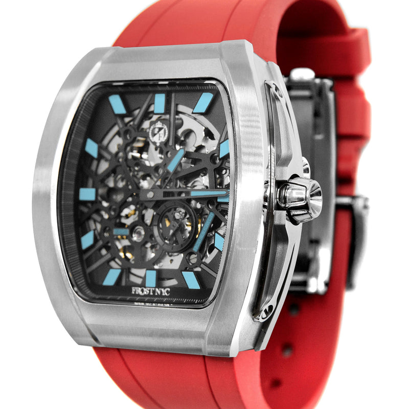 Frost NYC Mens Watch - Automatic Skeleton Stainless Steel Sport Watch | FRST-01-SS | Red