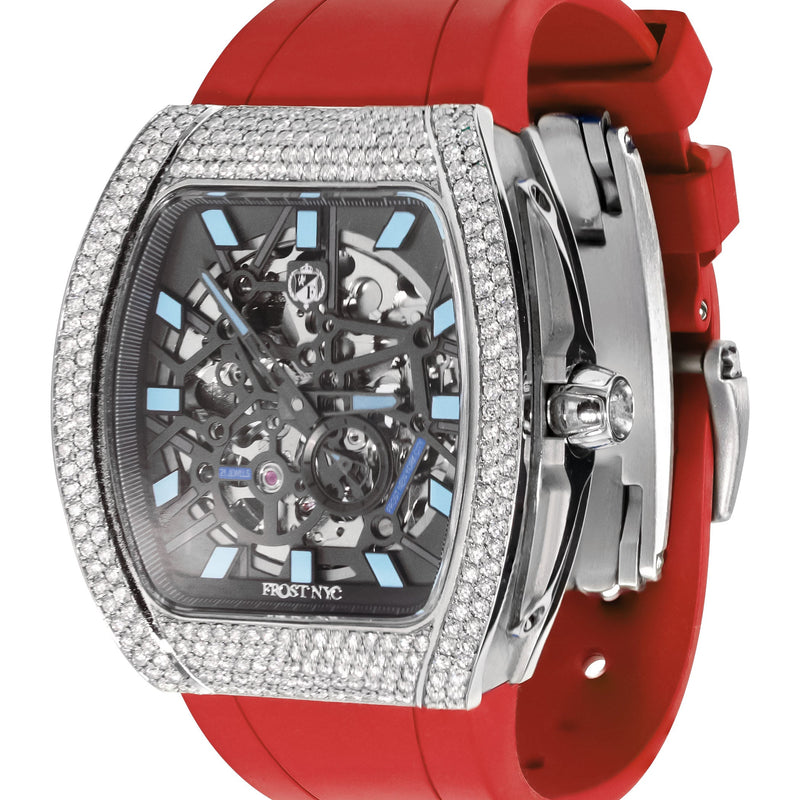 Frost NYC Mens Watch - Automatic Skeleton Stainless Steel Diamond Sport Watch | FRST-01-SS-D | Red
