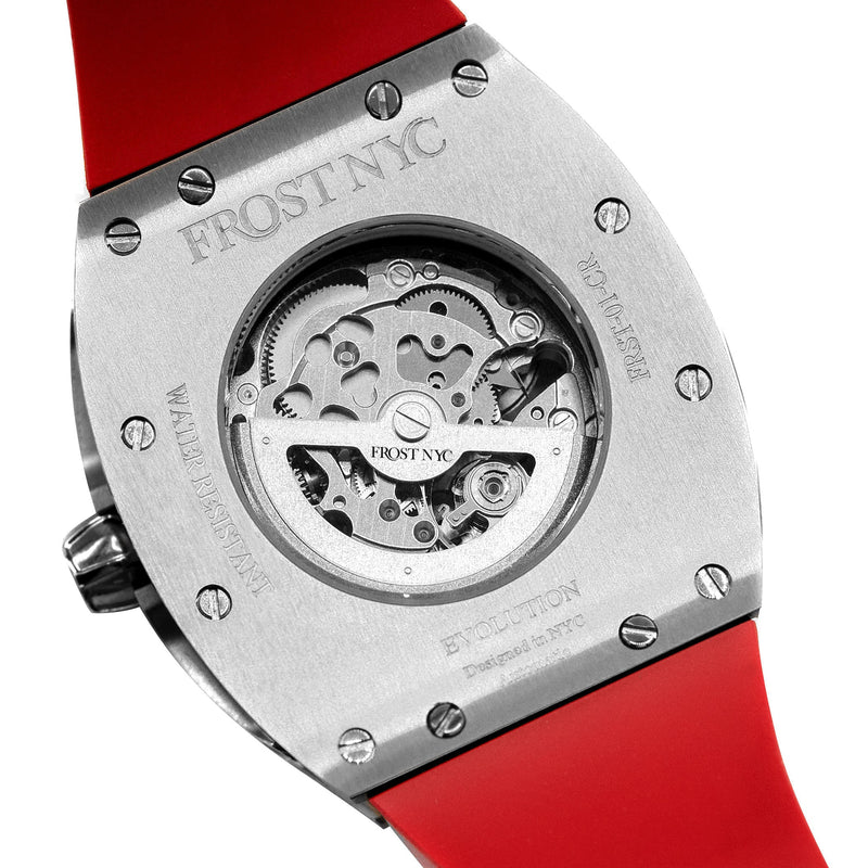 Frost NYC Mens Watch - Automatic Skeleton Stainless Steel Diamond Sport Watch | FRST-01-SS-D | Red