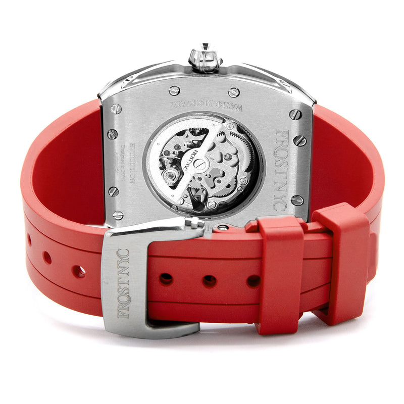 Frost NYC Mens Watch - Automatic Skeleton Stainless Steel Diamond Sport Watch | FRST-01-SS-D | Red